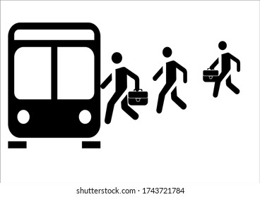 People board public transport at a bus stop. Hurry to work. Drive home from work. Template for text. Background vector image. Abstraction. Poster. Sign board.