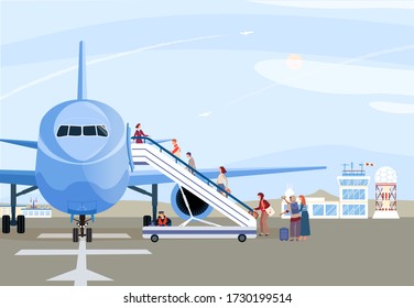 People boarding airplane, passengers walking up ramp, plane on airport runway, vector illustration. Transportation service, men and women cartoon characters. Aircraft boarding and ready for departure