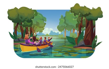 People in boat and swamp water forest landscape. Summer lake scene with woman and man team in vessel. Park garden and river coast environment for group excursion and outdoor travel illustration