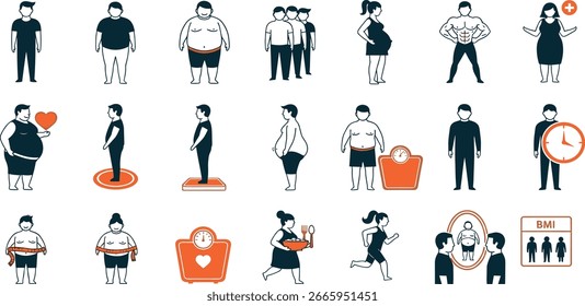 Menschen Körper verschiedene Gewichte Linie Symbol-Set. Vektorpiktogramme von Figur, Maßstab, Übergewicht, Untergewicht, schwanger, BMI, Gesundheit, dünne lineare Illustration