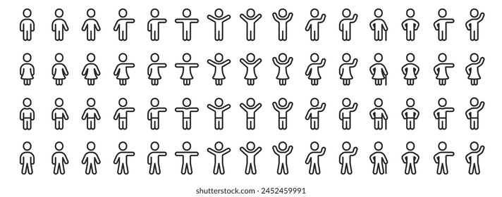 Conjunto de iconos de cuerpo de Personas. Hombre y mujer en diferentes poses. Persona líder, símbolo de perfil de usuario. Personaje de mujer de cuerpo completo, abuela o abuelo con bastón. Siluetas de personas. Ilustración vectorial