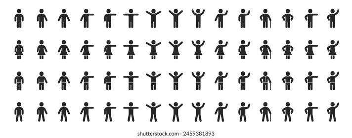 People body icons set. Man and woman in different poses. Leader person, user profile symbol. Full body woman character, grandma or grandpa with cane stick. Silhouettes of people. Vector illustration