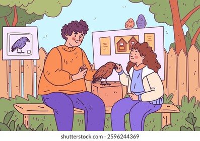 People bonding with bird nature interaction colorful outdoor scene with two individuals sitting on a bench petting a bird surrounded by trees and artwork