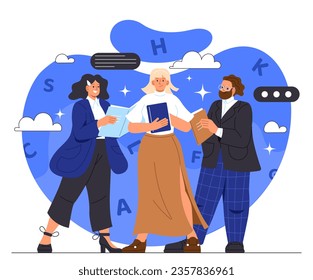 People in book club concept. Love for reading and literature. Man and women with fiction and textbook. International holiday and festival. Knowledge and information. Cartoon flat vector illustration