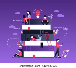 People and book. Concept business flat character design. Ultraviolet vector illustration about distance learning, online courses, education, online books, exam preparation, e-learning.