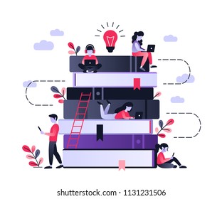 People and book. Concept business flat character design. Ultraviolet vector illustration about distance learning, online courses, education, online books, exam preparation, e-learning.