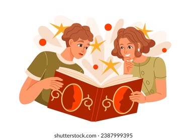 People with book. Happy guy and girl reading interesting fantasy book together. Smiling characters literature lovers. Hobby and pastime. Cartoon flat vector illustration isolated on white background