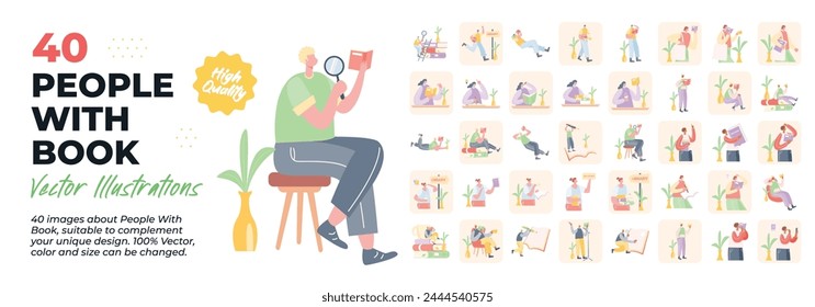 People With Book Illustration. Mega Bundle. Collection scenes about someone reading a book, relaxing, writing, reading poetry activity. Vector Illustrations