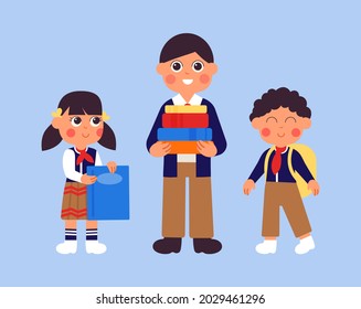 People with book. Man holding books, happy school girl with notebook. Students and teacher, preschool children and teenager in uniform vector characters