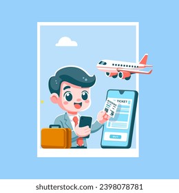 People book tickets online via smartphone application for traveling vector illustration concept