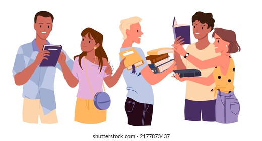 People bookcrossing process. Sharing and exchanging reading materials, books lovers, literature festival, modern library, reading club, stack of textbooks vector illustration