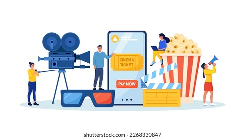 People booking cinema ticket, armchairs in theatre by mobile app. Online cinema art movie watching with popcorn bucket, 3d glasses, soda drinks and camera, clapperboard. Cinematography concept