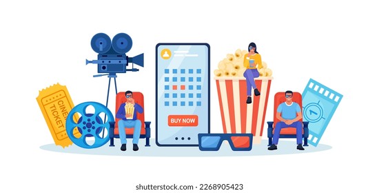 People booking cinema ticket, armchairs in theatre by mobile app. Online cinema art movie watching with popcorn bucket, 3d glasses, soda drinks and filmstrip, clapperboard. Cinematography concept