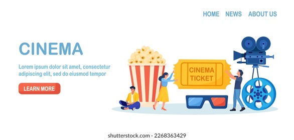 People booking cinema ticket. Mobile movie theater. Man watching online cinema with popcorn bucket, 3d glasses and camera, film strip. Cinematography. Film production. Premiere show announcement