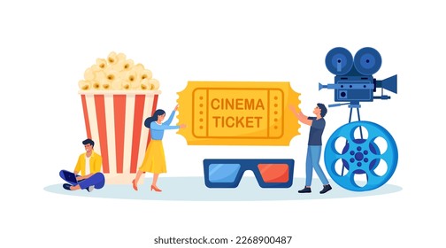 Personas reservando boleto de cine. Cine móvil. Hombre viendo cine en línea con cubo de palomitas, gafas 3d y cámara, tira de película. Cinematografía. Producción cinematográfica. Anuncio de show de Premiere