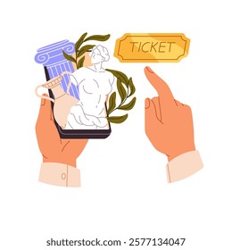 People booking electronic tickets to museum by smartphone. Customer buys entrance to gallery, display with phone in hands. Online service to sale coupons. Flat isolated vector illustration on white