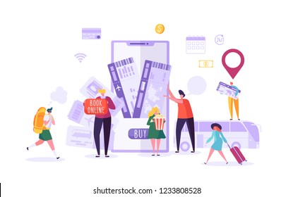 People Booking Plane Tickets Online Using Smartphone. Man and Woman Characters Planning Holiday Travel. Vector illustration