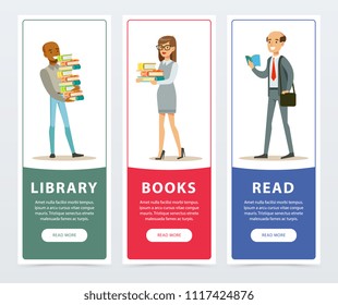 People with books banners set, library, books, read vertical flat vector illustration element for website or mobile app