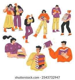 People with Books and Interesting Literature Enjoy Hobby Vector Set