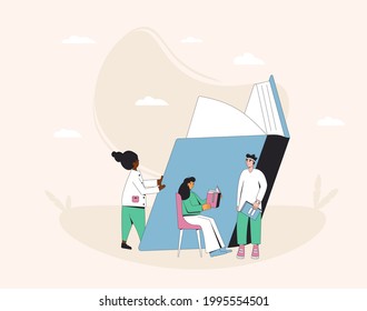 People with books. Literature fans. Reading togehter. Vector illustration.