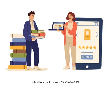 People and books. Man with paper books, woman holding ebook. Online or e-library, real vs online reading vector concept