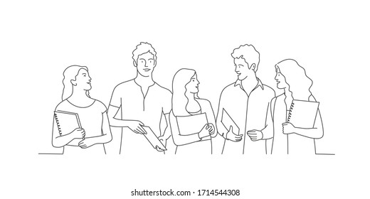 People with books. Meeting.Contour drawing vector illustration. Line art. 