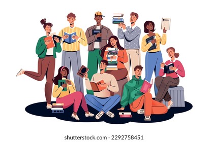 People with books. Men and women with textbooks and fairy tales on white background. Education and training, knowledge and information. Crowd of readers and students. Cartoon flat vector illustration