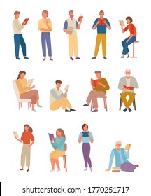 People books read large set. Characters carefully study books professor scientific work girl reads fantasy male science fiction elderly woman sits classical literature. Vector knowledge.