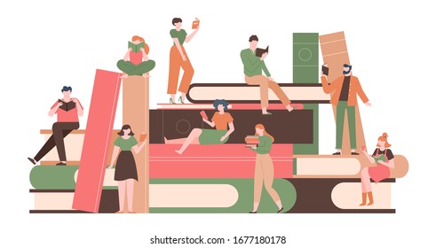 People with books. Reading characters on big books pile, literature fans with huge book stack, reading woman and man isolated vector illustration. People with book reading, reader studying