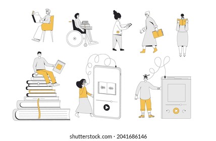 People with books set isolated. Differne persons reading an electonic and paper books, listening audioboks. Literature fans. Vector colr illustration.