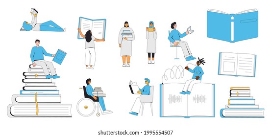 People with books set isolated. Literature fans. Reading lovers. Vector colr illustration.