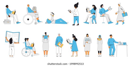 People with books set isolated. Literature fans. Books lovers. Vector colr illustration.