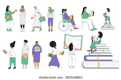 People with books set isolated. Literature fans. Books lovers. Vector colr illustration.