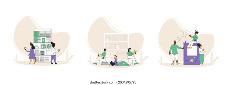 People with books set. Literature fans collections. Reading togehter scenes. Vector illustration.