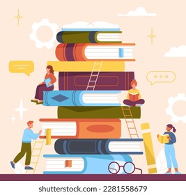 People with books. Students with large textbooks. Education, learning and training, love of literature. Readers with book. Group of men and women in library. Cartoon flat vector illustration