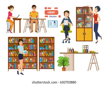 People with books and a tablet is engaged in the library, picks up the necessary material, reading choosing books. Interior room. Education in library school or university