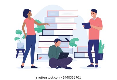 People and books - Team of three diverse student people using computer and reading book. Education and studying concept in flat design vector illustration with white background