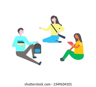 People with books vector, students of university talking. Male and female preparing for exams, learning information and studying, satchels rucksacks