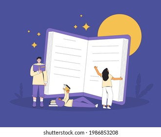 People with books. Young adults reading at night. Literature fan. Books lover. Vector illustration.