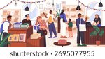People in bookstore. Vector visitors browsing bookshelves, reading and talking. Library decorated with garlands and plants. Literature and education, learning and knowledge. Community events