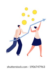 People boosting financial chart. Business collaboration or teamwork, innovation accelerating development. Flat creative man woman hold arrow vector illustration