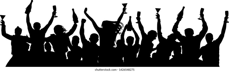 Сrowd Of People Booze Holds Alcohol In Hands. Party Holiday Silhouette Vector. People Are Holding Champagne Bottles And Glasses