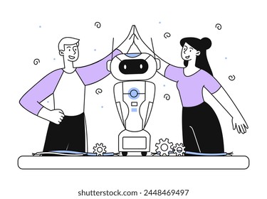 People with bot linear. Man and woman with cyborg. Artificial intelligence and machine learning. Modern technologies and innovations. Doodle flat vector illustration isolated on white background