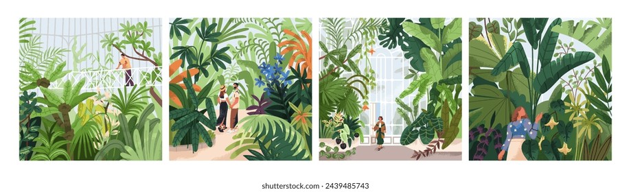 People in botanical garden, greenhouses, conservatory parks, square cards. Characters among green leaf plants, natural glasshouses, urban jungles with greenery. Flat graphic vector illustrations svg