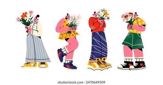 Personas con ramos de flores. Mascotas de dibujos animados con varios ramos de peonías, margaritas, tulipanes. regalo de Festiva: día de la madre, día de la mujer, día de san valentín. Vector doodle personajes geniales