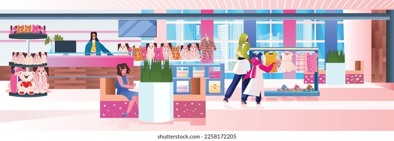 people in boutique choosing and buying trendy clothes in kids clothing store big sale shopping concept horizontal