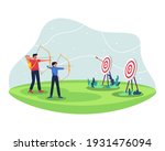 People with bow archery and target. Male and female archery athletes compete, Practice archery together. Archers in the archery match for sport competition. Vector illustration in a flat style