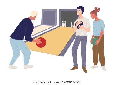 People in bowling resting and practicing skills. Friends or colleagues gathered for team building. Cheerful characters with balls playing game. Tournament or competition. Vector in flat style