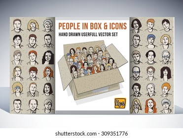 People in box and icons faces set. Business people in collection. Color vector illustration. EPS 10.