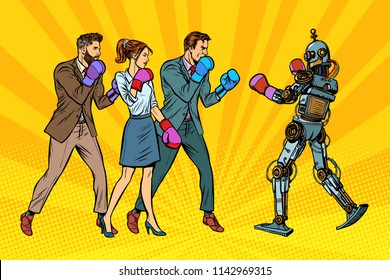 People box with a robot. Humanity and new technologies. Pop art retro vector illustration kitsch vintage